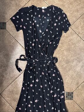 GAP Black Midi Wrap Dress with Pink and White Floral Print